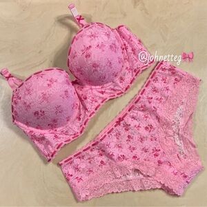 🌸PINK x LoveShackFancy Pink Floral Balconette Push-Up Bra & Cheeky Panty 32B S/M